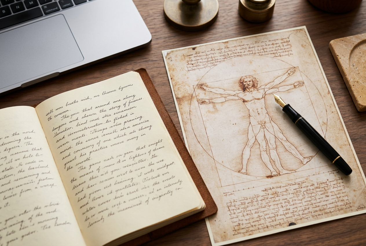 The practitioner's desk — a Vitruvian proportion study, a pen, an open notebook and a laptop