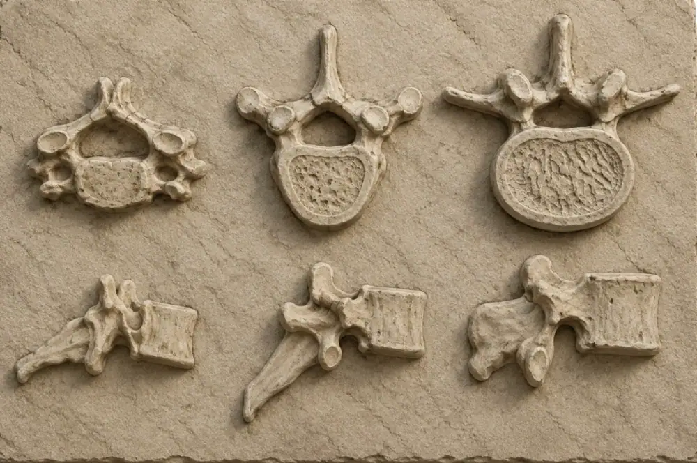 Spinal vertebrae rendered in sculpted stone relief
