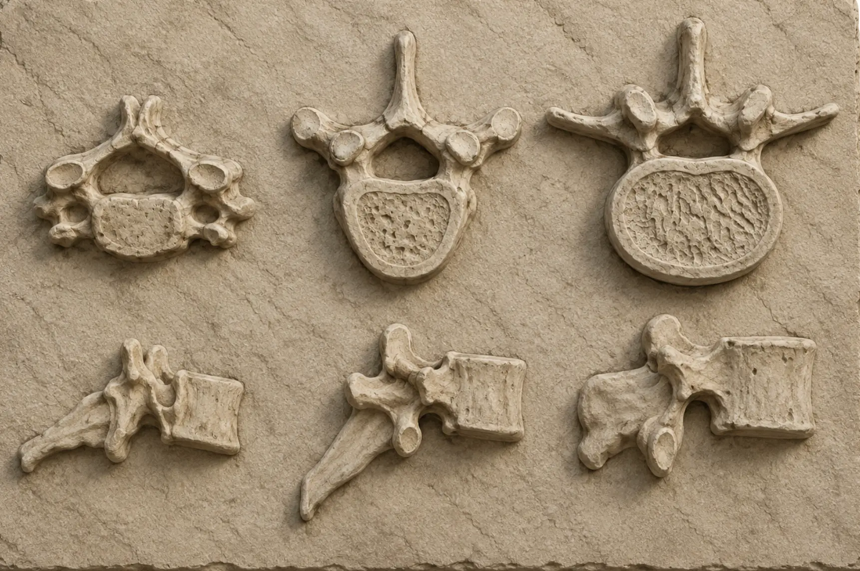 Spinal vertebrae rendered in sculpted stone relief